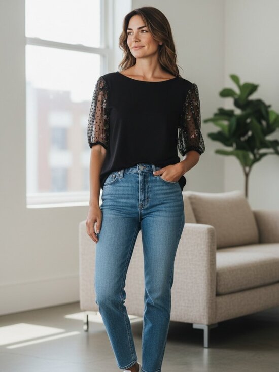 Ripe Tops - Ripe Black Mixed Media Top - Floral Sheer Puff Sleeves - Rayon Blend - Size M